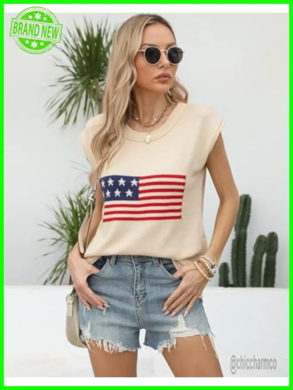 Cap Sleeve Sweater Vest Casual Tank Top Summer Patriotic Knit Pullover